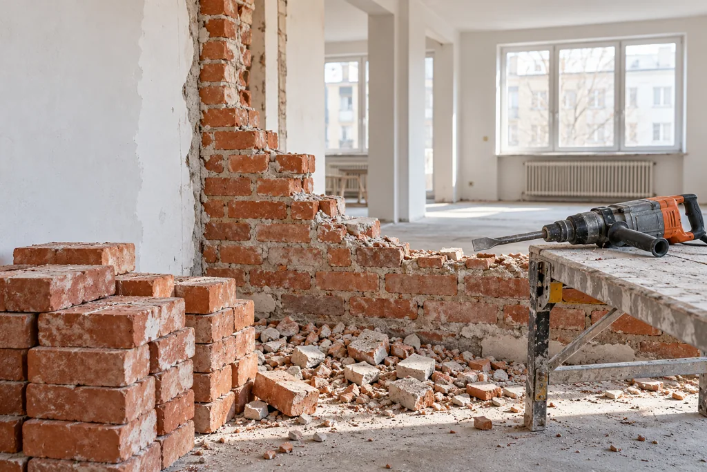 Részben elbontott belső téglafal egy felújítás alatt álló szobában